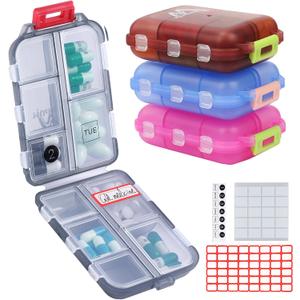 4PS Travel Pill Organizer with 164 Slice Labels10 Compartments Travel Pill Box Portable Folding Small Pill Case Daily Pill Container Used for Carry Storage Medicine Organizer by M MUchengbao (Dark Red + Gray + Pink + Blue)