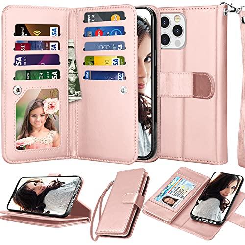 Njjex Compatible with iPhone 13 Pro Max Case/iPhone 13 Pro Max Wallet Case 6.7" 2021, [9 Card Slots] PU Leather Card Holder Folio Flip [Detachable] Kickstand Magnetic Phone Cover & Lanyard [Rose Gold]
