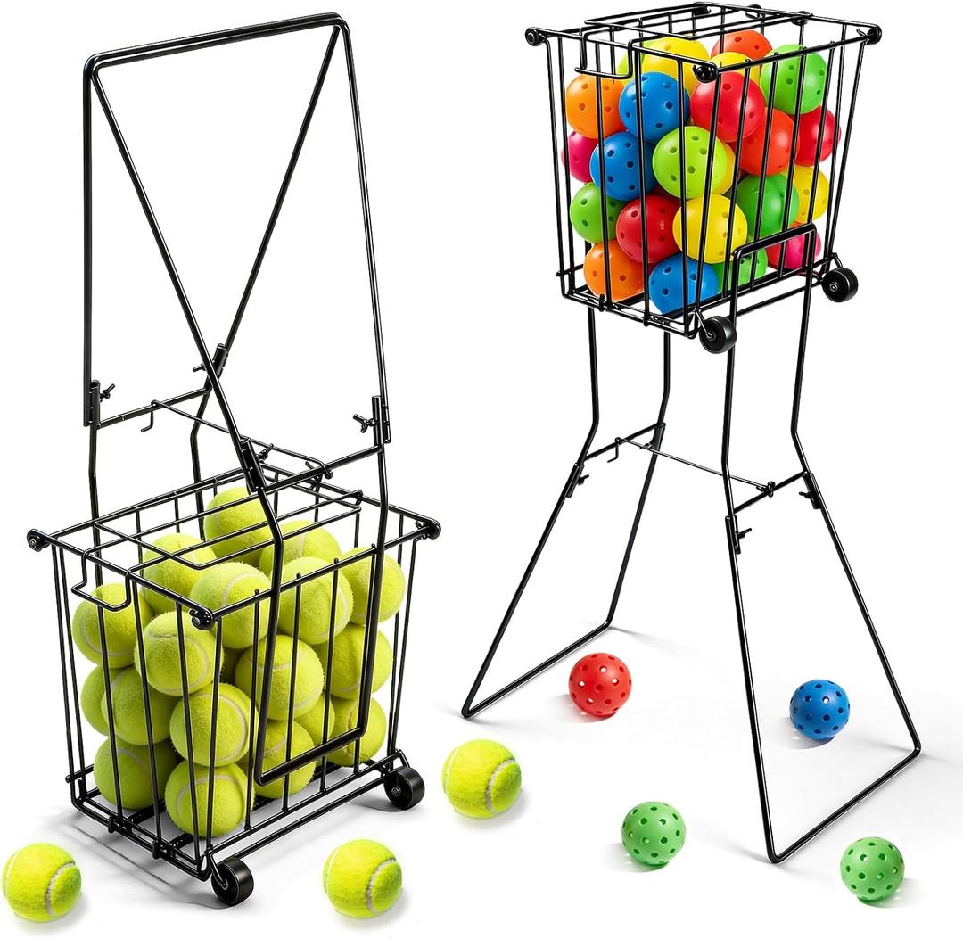 Portable Pickleball Tennis Ball Collector with Wheel, 90 Tennis Balls Capacity, Pickleball Retriever Basket Carrier Gatherer Picker Hopper Container for Picking and Storage Training Tool for Ball