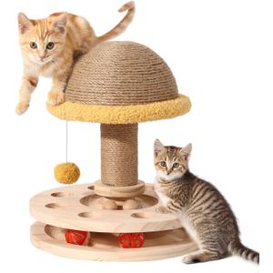 Sisal Cat Scratcher for Indoor Cat Kitten Mushroom Cat Scratching Post with Hanging Ball,Solid Wooden 2 Level Track,Interactive Toy