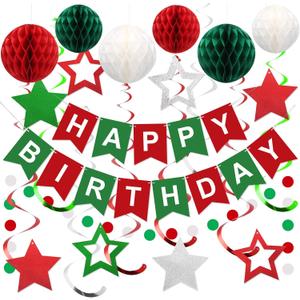 meowtastic Birthday Decorations, Happy Birthday Banner with Honeycomb Balls, Stars Hanging Swirl Streamers, Circle Dots Garland, Happy Birthday Party Decorations for Women Men Boys Girls (Red & Green)