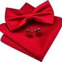 GUSLESON Mens Solid Color Double Fold Pre-tied Bow Tie and Pocket Square Cufflink Set with Gift Box