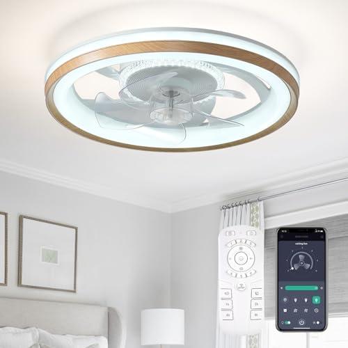 FTZVRD Ceiling Fan with Light and Remote, 19" Low Profile Flush Mount, 6-Speed, DC Motor, Dimmable 3000K-6500K LED, Light Oak Fandelier Ceiling Fan for Bedroom, Dining Room, Small Room