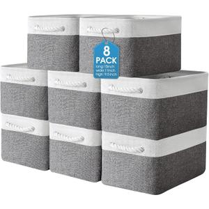 meekoo 8 Pack Collapsible Storage Bins Fabric Storage Bins Polyester Fabric Baskets with Handles Linen Closet Organizer for Shelf Home Closet Towels Toys(15 x 11 x 9.5 in,Gray White)