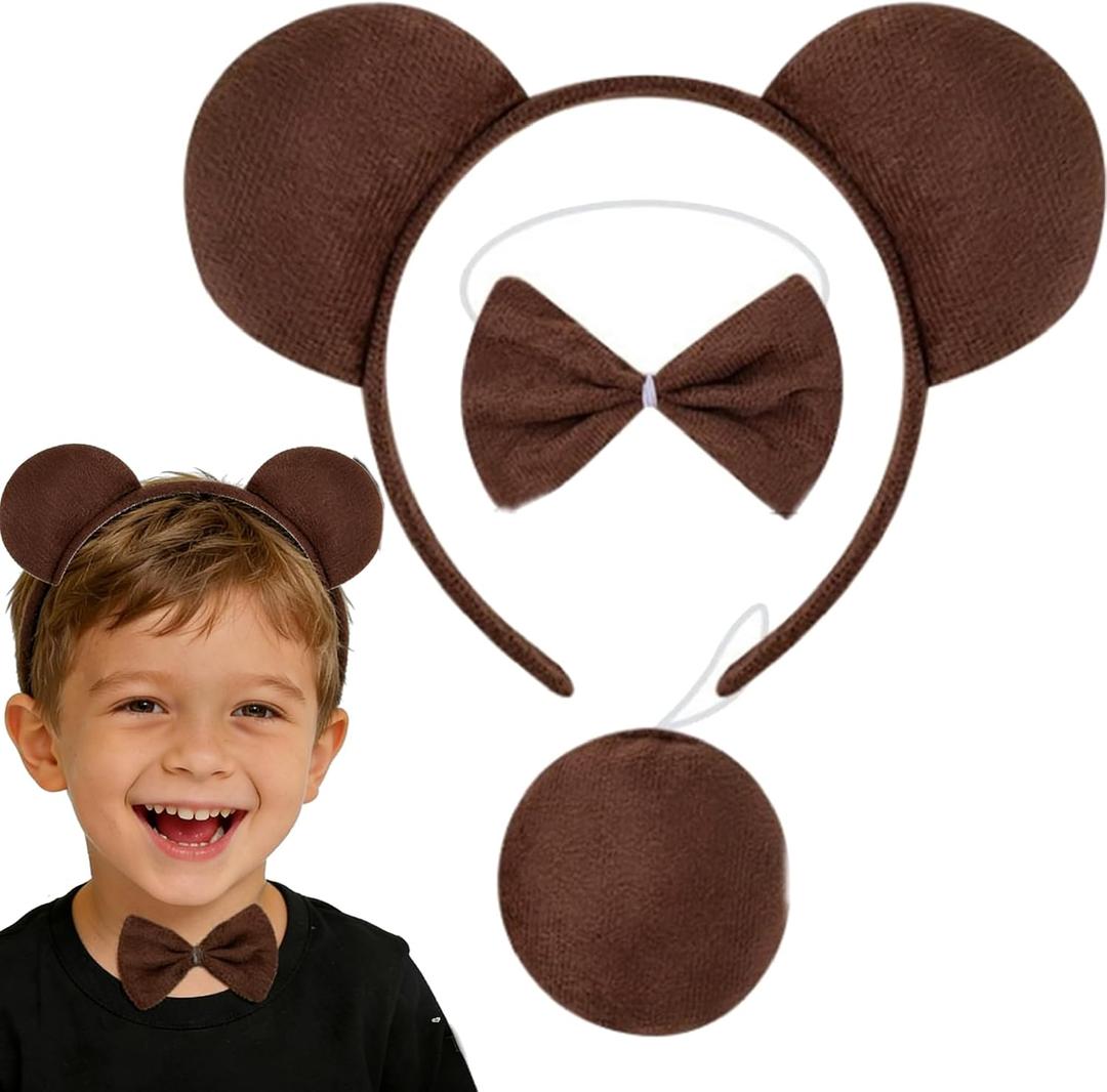 4 x Kirei Sui Funny Bear Costume Set with Ears Headband Bow Tie Tail Halloween Dress Up for Kids & Adults