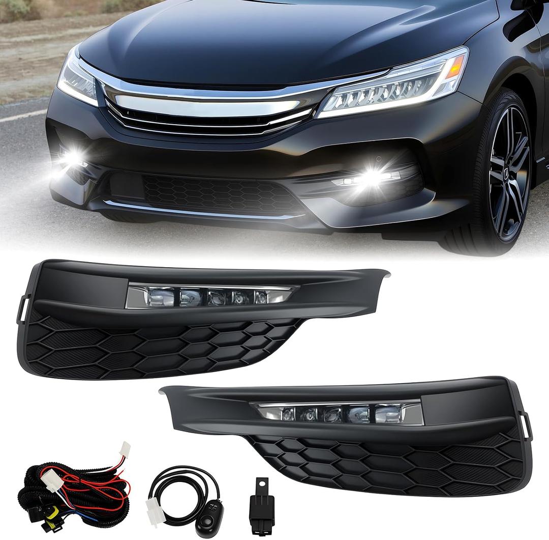 Led Fog Lights Compatible With 2016 2017 Honda Accord Sedan 4dr, Front Bumper Driving Fog Lamps With Switch And Wiring Harness (Clear Lens, 1 Pair)