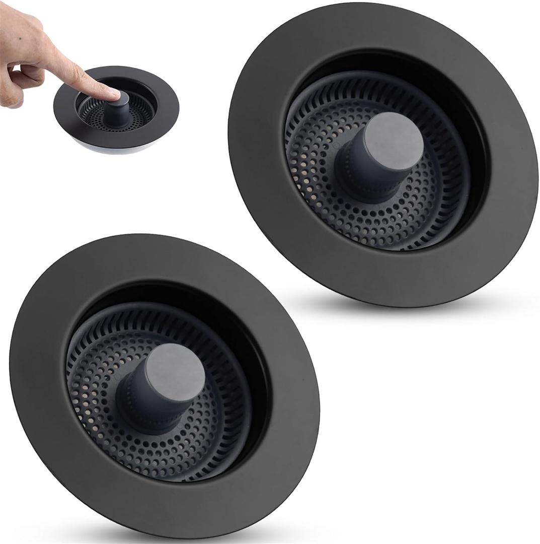 Hygie Rinse 3 in 1 Kitchen Sink Drain Strainer Stopper Combo, 2PCS Matteblack Stainless Steel Shell Pop Up Sink Stopper for US Standard 3-1/2 inch Drain Filter, Anti-clog and Easy Clean