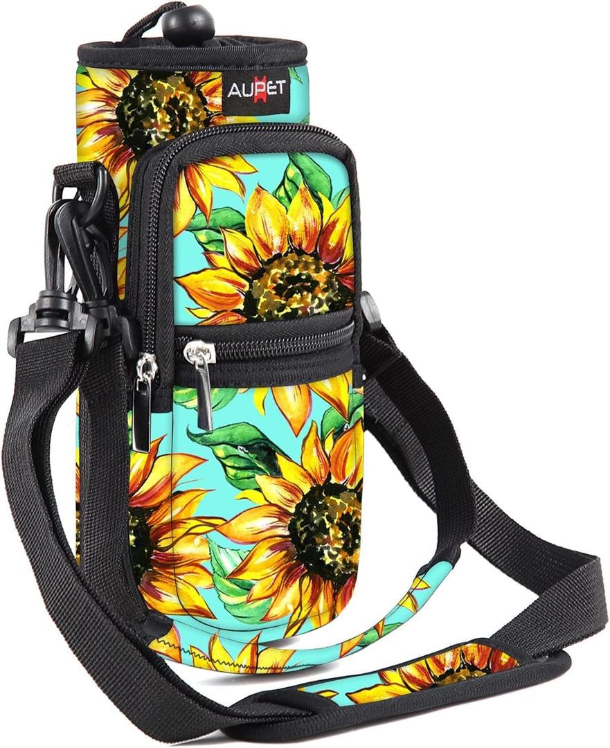 AUPET Water Bottle Sling Bag Sleeve Holder Carrier 25/32/40/64 oz,Insulated Crossbody Water Bottle Case Cover with Strap and Pockets for Men/Women Walking Hiking (Sunflower Green background)