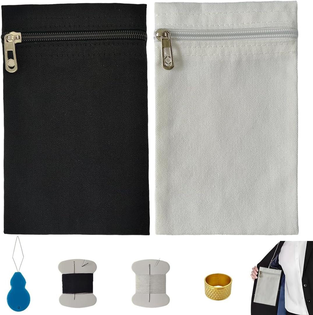 2PCS Sew-in Side Pocket with Zipper Coat Inside Pocket Sewing,Travel Jacket with Hidden Pockets,Security Pocket for Shirt,Jacket,Robes,Hoodie,Sweater(S*2) (Black&White)