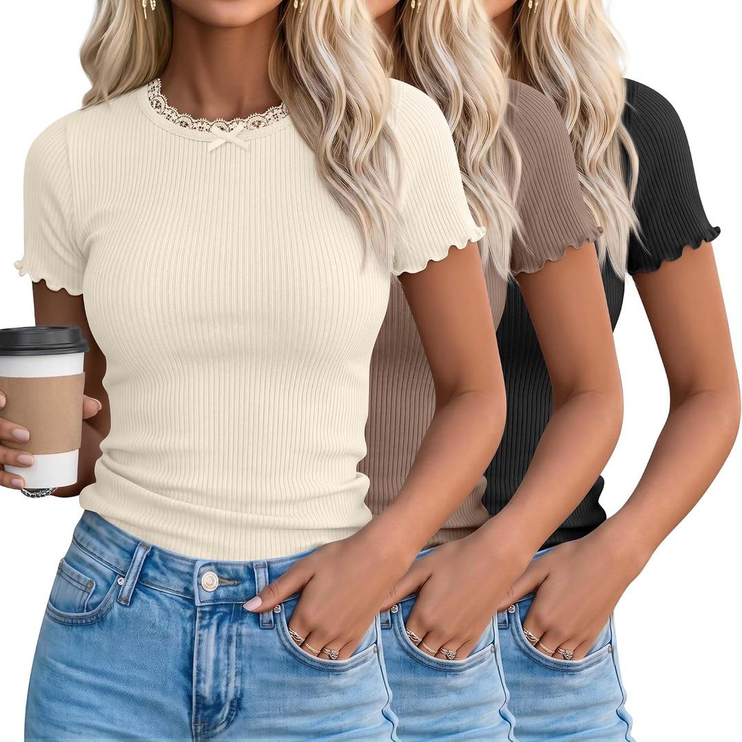 3 Pack Women's Lace Tops Ribbed Short Sleeve Lettuce Trim T-Shirts Cute Crewneck Summer Fitted Bow Knot Casual Tees (L)