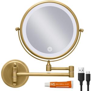 Wall Mounted Lighted 8 Inches Rechargeable Double-Sided 1X/10X Magnifying Mirror for Makeup, 3 Colors Led, Touch Dimmable, Memory Function, 360 Rotation, Foldable, Brushed Antique Brass