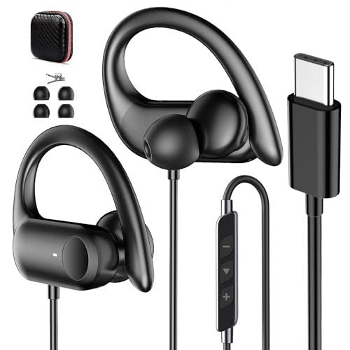 USB C Headphones Wired Over Ear Earbuds for iPhone 17 16 Pro Max 16e 15/Samsung S26 S25 Ultra S24 S23 A16,Wired Earbuds with Ear Hooks Mirophone,Type C Running Sport Headset for iPad 10 11 Air/Android