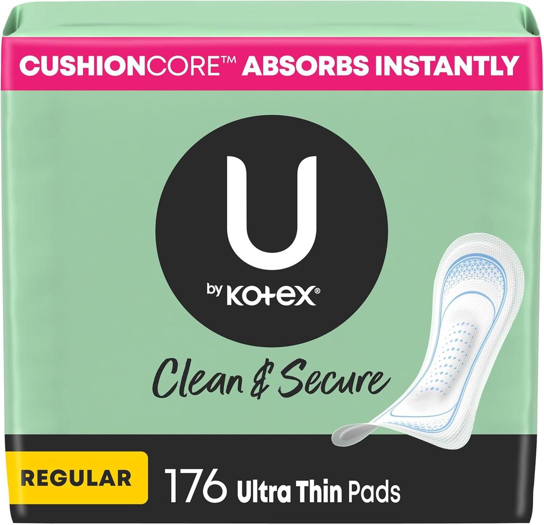 U by Kotex Clean & Secure Ultra Thin Pads, Regular Absorbency, 176 Count (4 Packs of 44) 