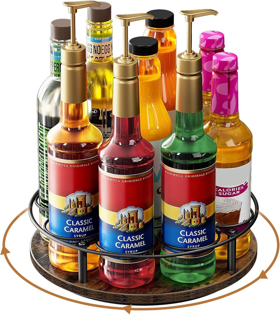 Nuovoware 9 Bottles Rotating Coffee Syrup Rack, Coffee Syrup Rack Organizer Carbon Steel Frame with Wooden Base Bottle Holder for Syrups Table Top Thermos, Brown+Black