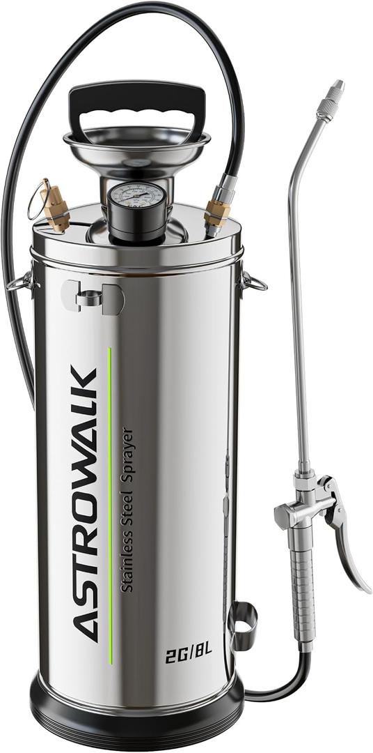 2 Gallon Stainless Steel Pump Sprayer, Heavy Duty Lawn & Garden Sprayer with 20" Wand & 4FT Hose for Weed Killer, Fertilizer & Pest Control, Durable Pressure Sprayer with Viton Seals