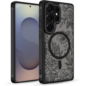 for Samsung Galaxy S25 Ultra Case, Black Floral Flower Pattern Print Case [Compatible with MagSafe] [Translucent Matte] Cute Slim Shockproof Protective Women Girls Phone Case 6.9", Floral Flower