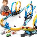 LILYBUDS Toy Car Track Gift Set for Boys Kids Age 3-5 4-7 8-12, Long Race Tracks with 4 Action Loops and 4 High-Speed Slot Die-Cast Race Cars, 35+ Pieces Race Tracks to Create Multiple Configurations, orange and blue