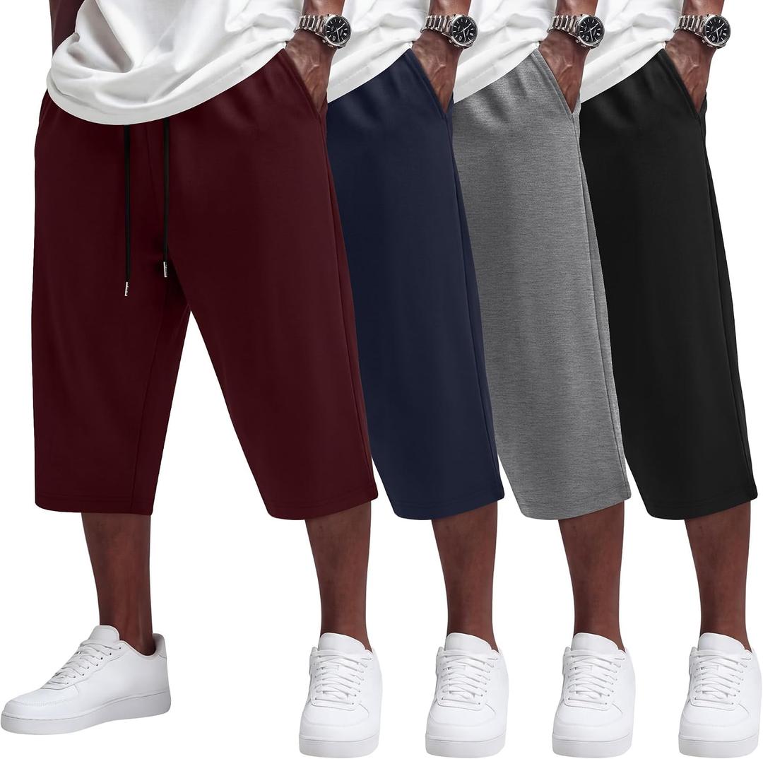Neer 4 Pack Mens Carpi Shorts Big and Tall Below Knee Casual 3/4 Pants Loose Fit Drawstring Jogger Shorts with Pockets, XL