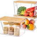 Criusia 3 Set Pantry Organizers and Storage with Bamboo Lids, Stackable Clear Bins for Onion, Potato, Fruit, Vegetables, Trash Bag Dispenser, Kitchen and Under Sink Organizer (3 Pack Large)