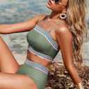 Herseas Women's 2 Pieces Bandeau Bikini Color Block Swimsuits 2025 Summer Off Shoulder High Waisted Bathing Suit (Green, XS)