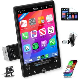 10.4“ Wireless CarPlay Stereo Single Din Car Radio, 2025 Upgraded Rotatable HD IPS Touch Screen, Wireless Android Auto Car Play Screen Bluetooth RDS/ FM EQ SWC USB/ TF Backup Camera