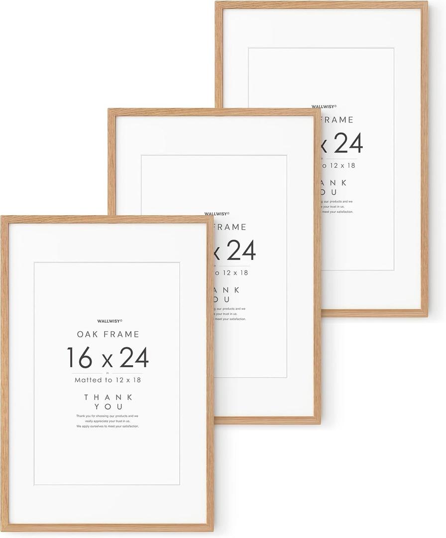 16x24 Poster Frame, Solid Oak Wood 16x24 Frames with Mat to 12x18, 16x24 in - 3P