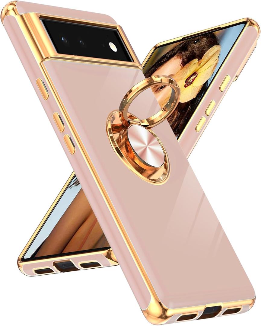 LeYi for Google Pixel 6 Case: 360 Rotatable Ring Holder Magnetic Kickstand, Plating Rose Gold Edge Protective for Google Pixel 6 Case, Pink