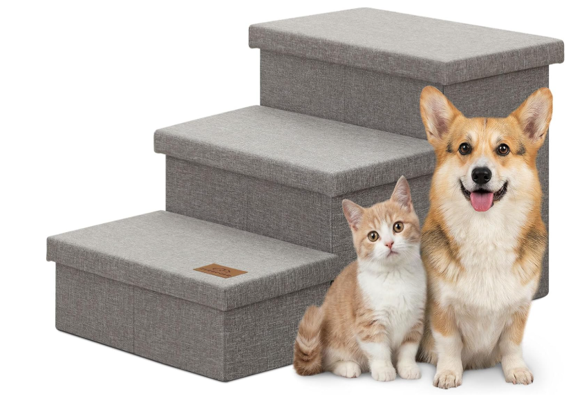 Zerbuger Dog Stairs with Storage 18" H, 3Step Wider Dog Steps for Small/Medium/Large Old Dogs Cats, Folding Sturdy Pet Stairs Climbing Bed Couch, Ramp for Car Hold Up to 200 lbs (Dark Grey, No Condo)