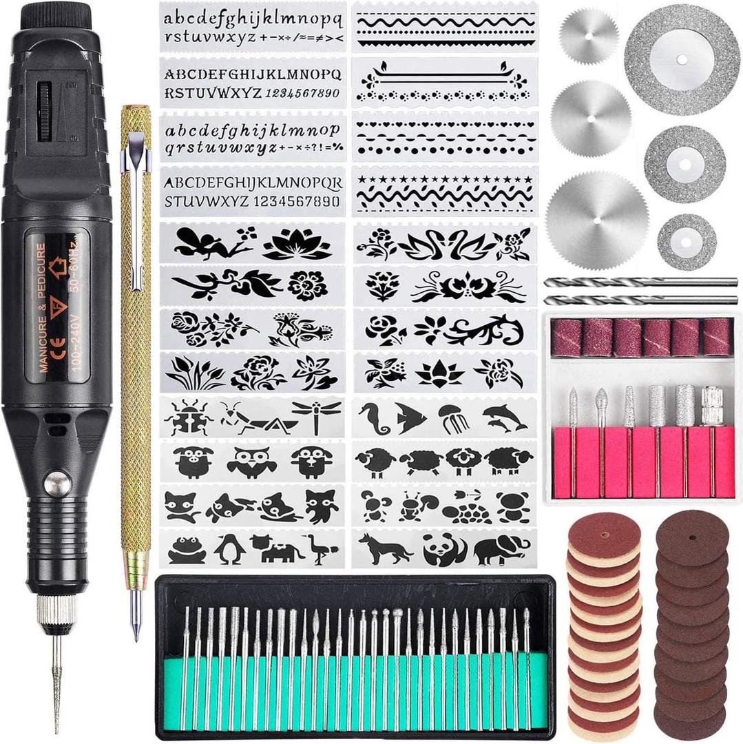 108 Pcs Engraving Tool Kit, Multi-Functional Electric Corded Micro Engraver Etching Pen DIY Rotary Tool for Jewelry Glass Wood Metal Plastic with Scriber, 82 Accessories and 24 Stencils - Black