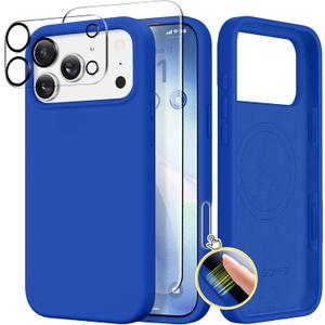 GONEZ Magnetic for iPhone 17 Pro Case, Compatible with MagSafe, [Screen Protector + Camera Lens Protector], Liquid Silicone Anti-Scratch Shockproof Protective Phone Case 6.3 inch, Klein Blue