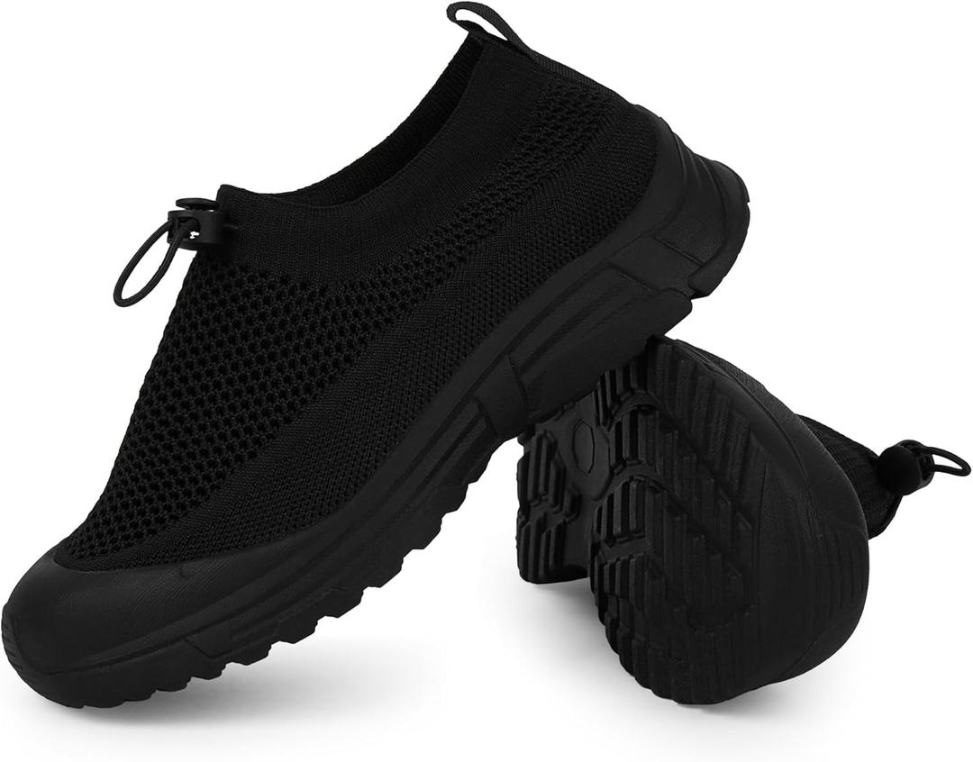 Tigeridea Women's Slip On Sneakers Non Slip Breathable Mesh Walking Shoes Casual Lightweight Drawstring Workout Shoes (7, Black)