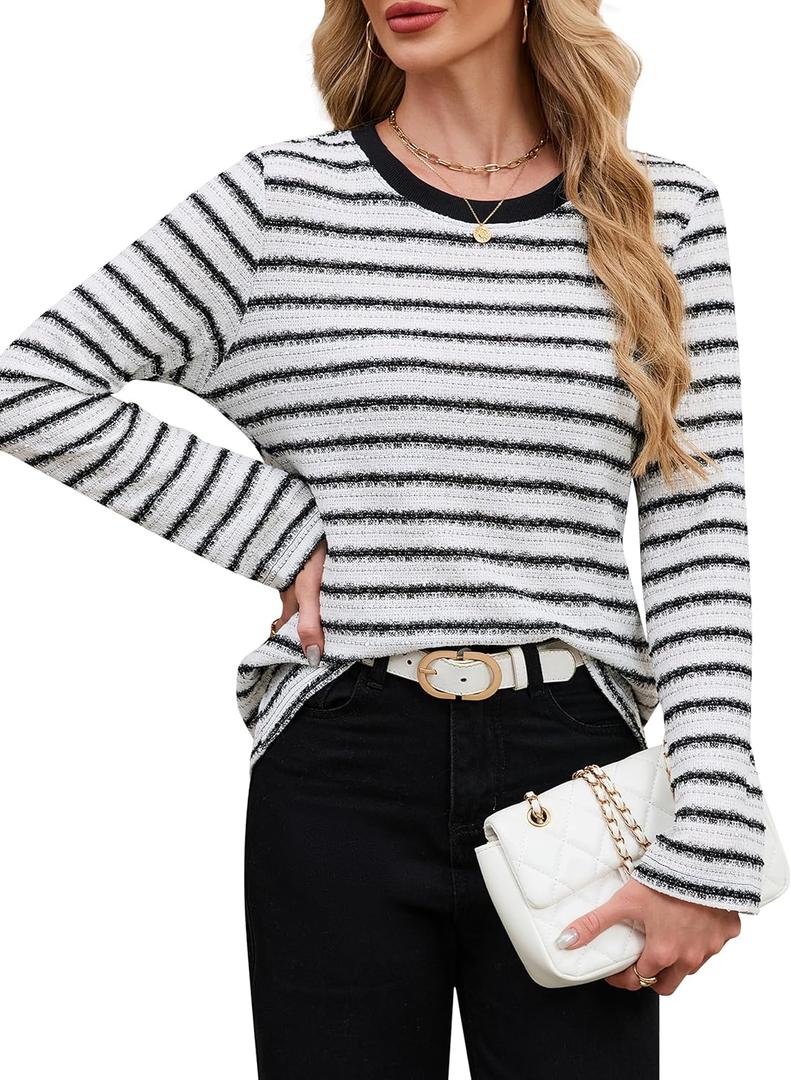 Blooming Jelly Womens Tops Striped Shimmer Long Sleeve Shirts Tweed T Shirt Dressy Casual Business 2026 Spring (Large)