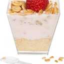 Ilyapa 2oz Plastic Dessert Cups - 50 Pack Mini Dessert Cups with Spoons - Clear Reusable Small Appetizer Cup for Cheesecake Shooters, Chocolate Mousse, Parfait - Party and Catering Supplies - Square