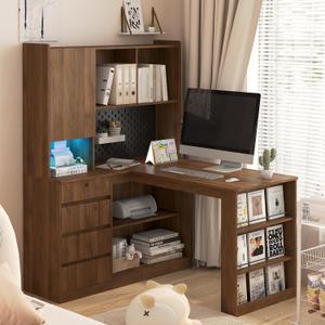 KEIKI L Shaped Home Office Desks with LED Light, Pegboard, Hutch, Drawers, Bookshelf & Storage Shelves, Modern Wooden Gaming Computer Corner Table for Work, Study, Writing, Medium and Left Shelf