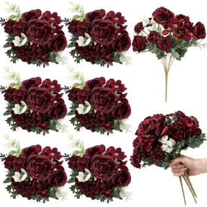 6 Pcs Artificial Peony Silk Florals Fake Mix Silk Peony Rose Faux Flower Hydrangea Bouquet Elegant Realistic Wedding Floral Centerpiece for Home Party Table Arrangement (Red)