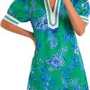 Wenrine Womens Summer Mini Dress Casual Floral Puff Sleeve V Neck Color Block Loose Boho Beach Dresses with Pockets