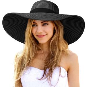 Sun Hats for Women Oversize Wide Brim Straw Beach Hat UV Protection Floppy Foldable Roll-Up Travel Summer Vacation UPF 50+ (Large, Black)