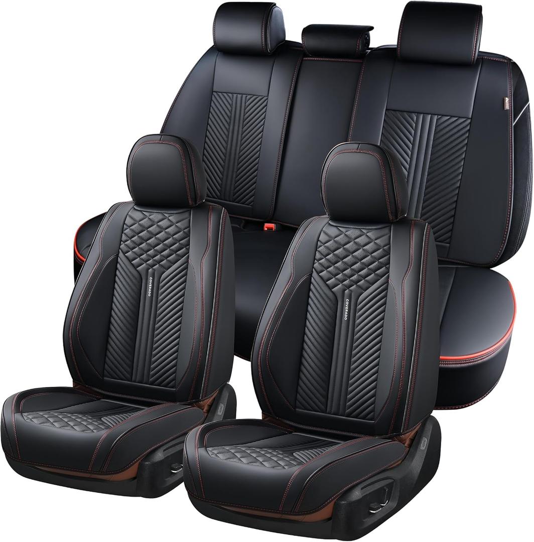 Coverado Car Seat Covers Full Set, 5 Seats Leather Seat Covers for Cars, Waterproof Front and Rear Car Seat Protectors Cushions Universal Fit Most Vehicles (Black)