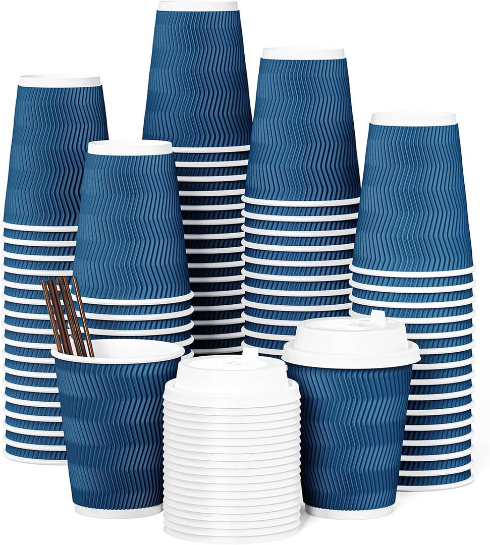 JOLLY CHEF 100 Pack Disposable Coffee Cups, 12oz To Go Paper Coffee Cups with Lids and Stirrers for Hot Beverage