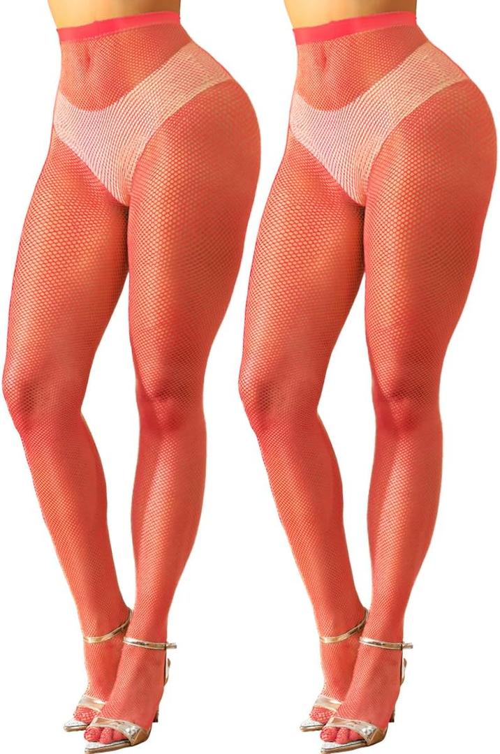 2 Pairs Womens Fishnet Stockings High Waist Tights Fishnets Fishnet Tights for Women (One Size, Red)