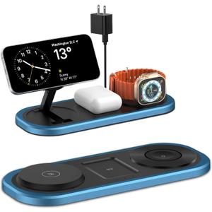 3 in 1 Fast Wireless Charger Stand for iPhone, Foldable Travel Charging Station for Magsafe for iPhone 17/Air/16/15/14/13/12 Series, Apple Watch Series, AirPods pro/2/3/4, 2025 Christ mas Gifts (Blue)