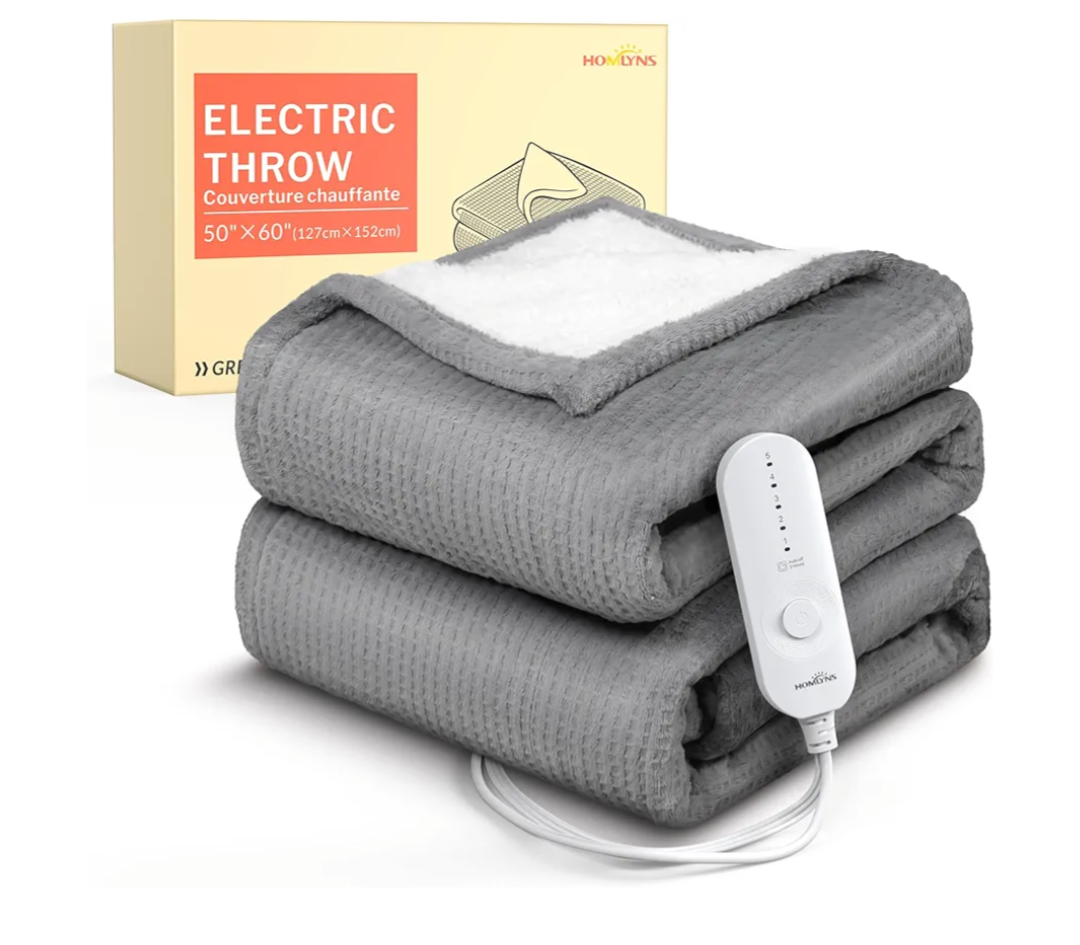 HOMLYNS LuxeHeat Heated Blanket Throw, Soft Flannel Sherpa, Electric Blanket 5 Heat Settings, Fast Heating, Heating Throw Blanket 3 Hours Timer Auto Shut Off, Machine Washable, 50×60 Inches, Grey