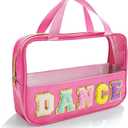 Dance Makeup Bag, Dance Recital Gifts for Girl Women, Chenille Letter Patch Clear Ballet Cosmetic Bag with Handle and Zipper, Waterproof Nylon Travel Toiletry Make Up Bag, Dance Competition Must Haves