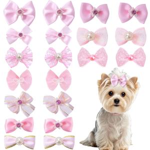 20 PCS Cute Dog Hair Bows with Rubber Bands Elastic Handmade Mix Style Lace Rhinestone Pearls for Furry Puppy Cat Pet Girl Pink