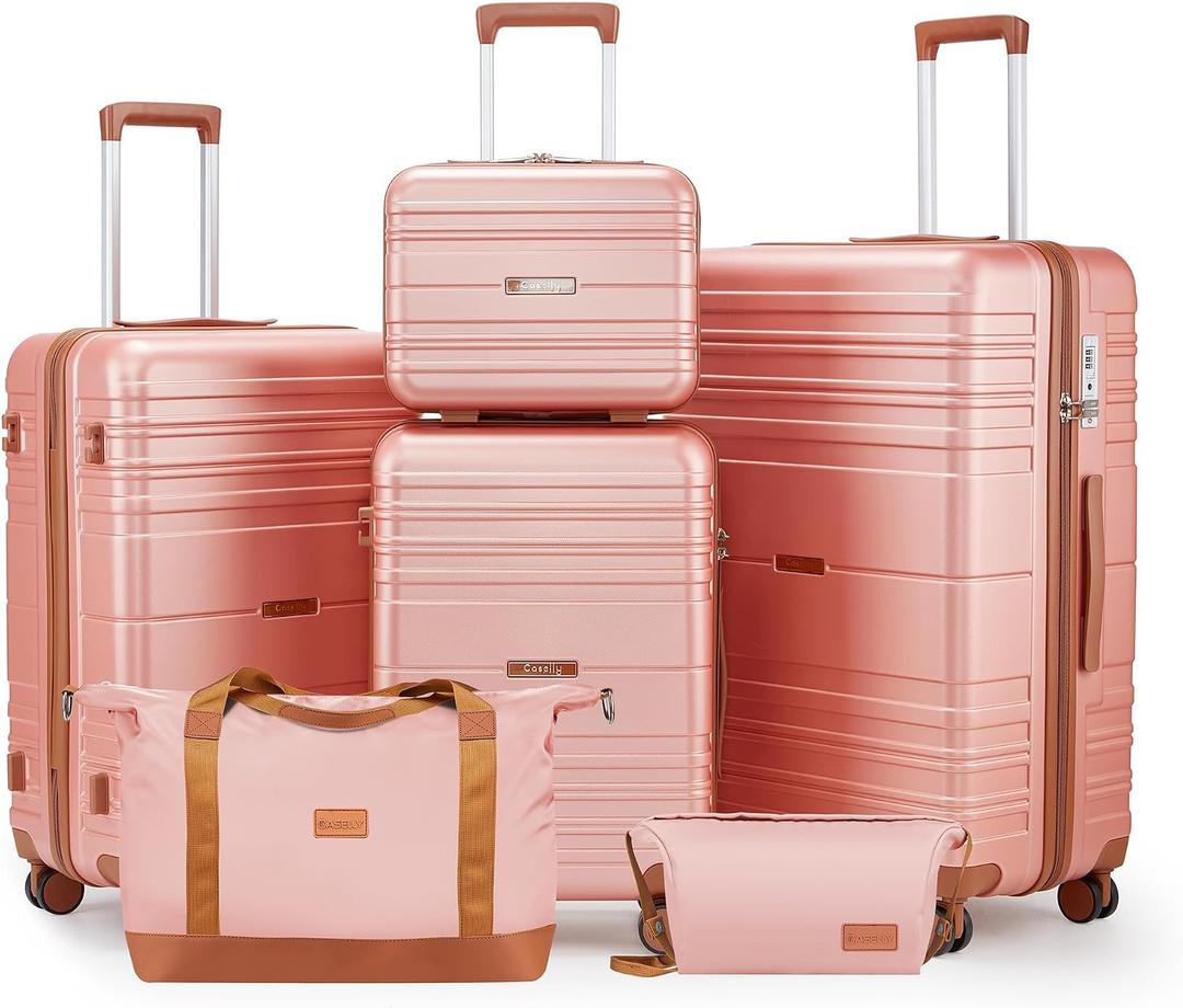 Luggage Sets with Spinner Wheels, Lightweight Hardshell Suitcase Set with TSA Lock, Carry On Checked Luggage Set with YKK Zippers (Pink, 6 piece sets（14/20/24/28/DB/TB）)