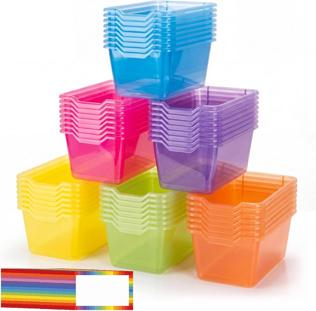 Funrous 48 Pack Plastic Cubby Bins for Classroom, Stackable Storage Bins with Rainbow Labels and Handles Cubby Organizer Containers for Teacher Supplies Home Office Daycare and Playroom (Bright)