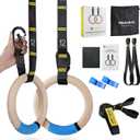 PACEARTH Gymnastics Rings 32mm Wooden Olympic Rings Support 1500lbs Locked Carabiners 9ft Double-Layer Numbered Straps Non-Slip Gym Rings with Foot Straps Door Anchor for Home Gym Full Body Workout