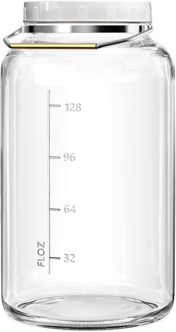 Qianfenie 1.5 Gallon Glass Jar with Lid Wide Mouth, Large Mason Jar with Airtight Screw Lid and Handle, Big Storage Jar with 2 Scale Marks for Kitchen Food, Pantry Organization (5700ML/192OZ)