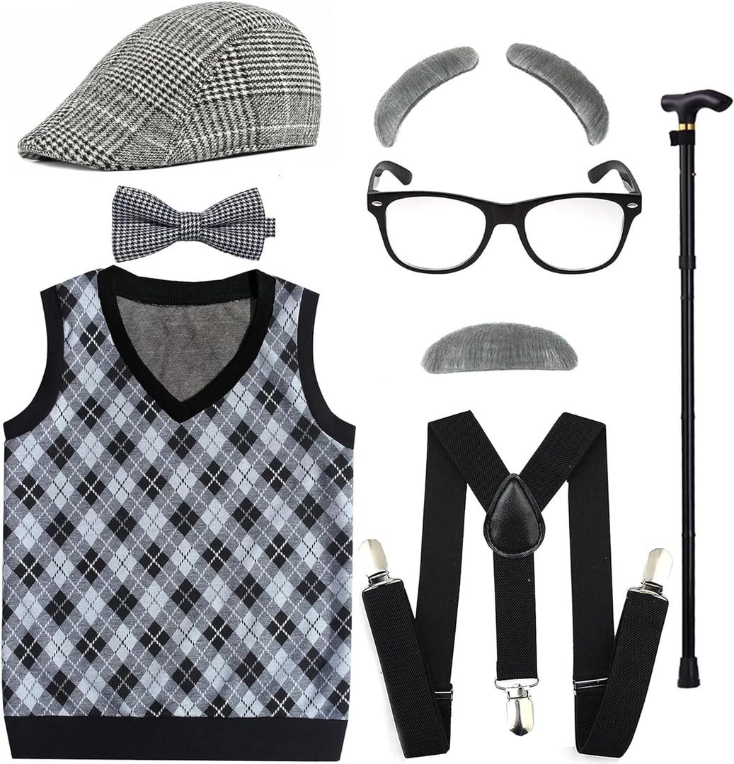 EFORLED Kids 100 Days of School Costume for Boys - Halloween Old Man Costume Hat, Glasses and Grandpa Vest Set for Child,LightGrey2-10 Large (10-12yr)