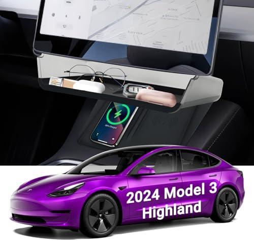 Impulja Under Screen Storage Organizer Wireless Charger Silicone Mat for Tesla Model 3 Highland 2024, Center Console Organizer Tray with Anti-Slip Pad for Tesla Model 3 Highland Accessories